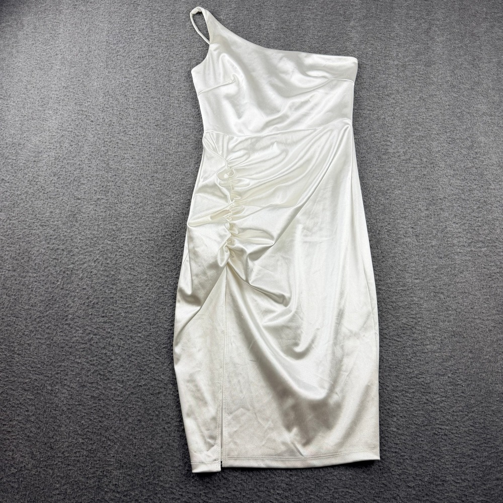 Windsor White One Shoulder Satin Ruched Midi Dress Women's Small Formal Cocktail